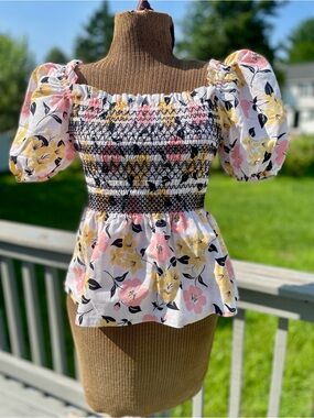 kate spade White Floral Smocked Peplum Top with Pink & Yellow Blooms